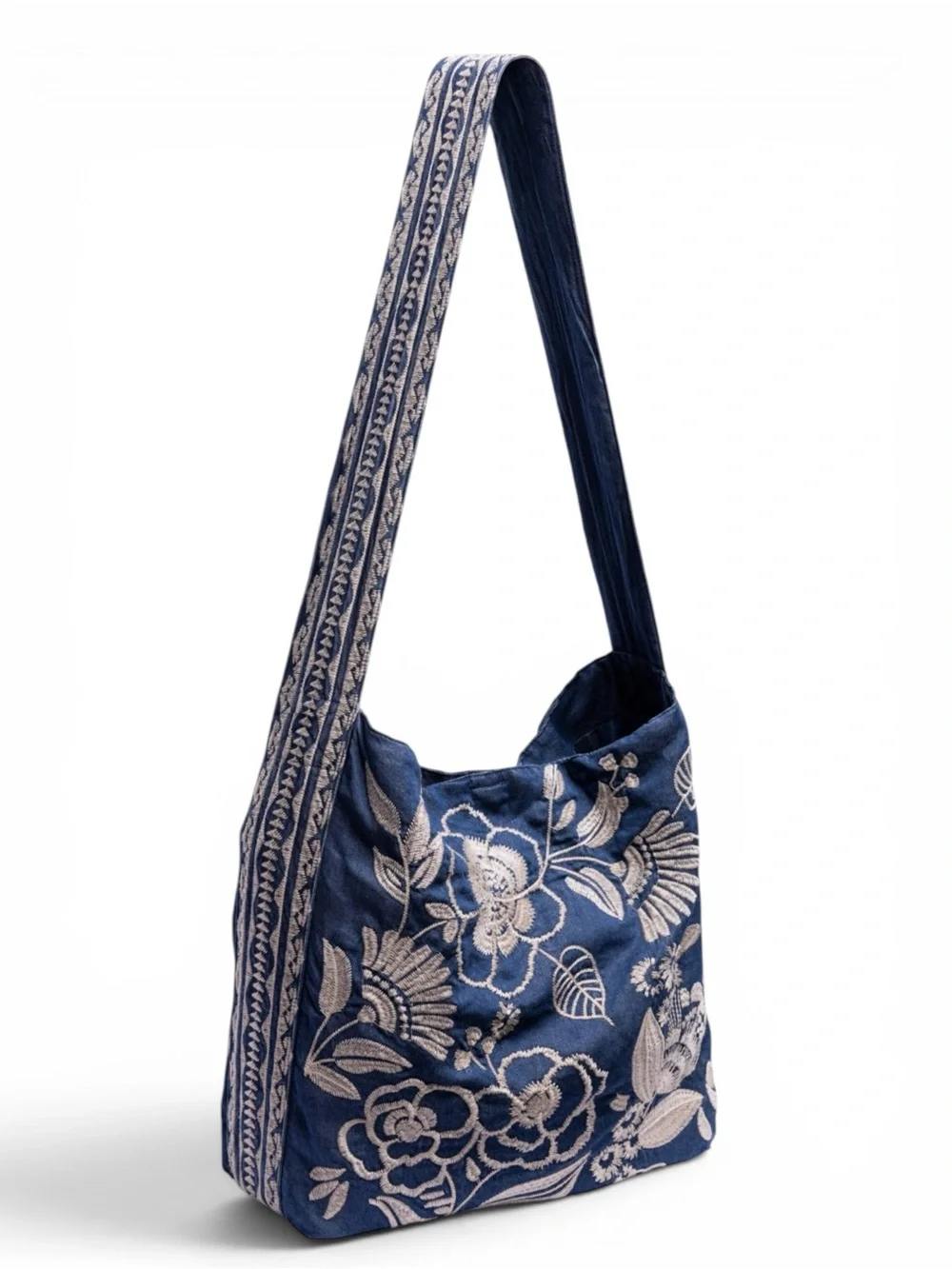 NWT Johnny Was Denim Embroidered Lucinda Wide Strap Slouchy Hobo Tote Bag $268